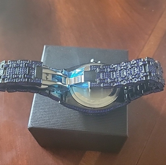 Mens Luxury Full Ice Electric BlueSimulated Diamond Hip Hop Bling Quartz Watch - Picture 12 of 12